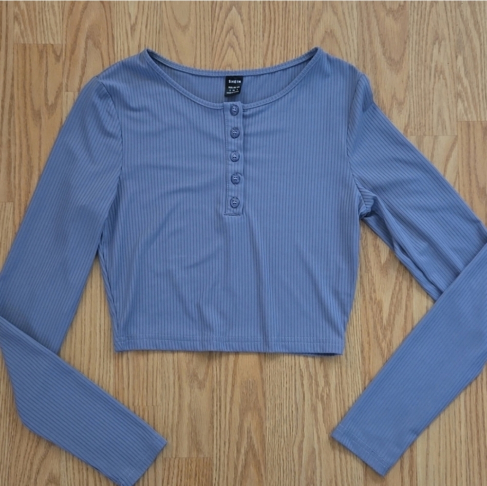 Shein Blue Ribbed Long Sleeve Crop Top
